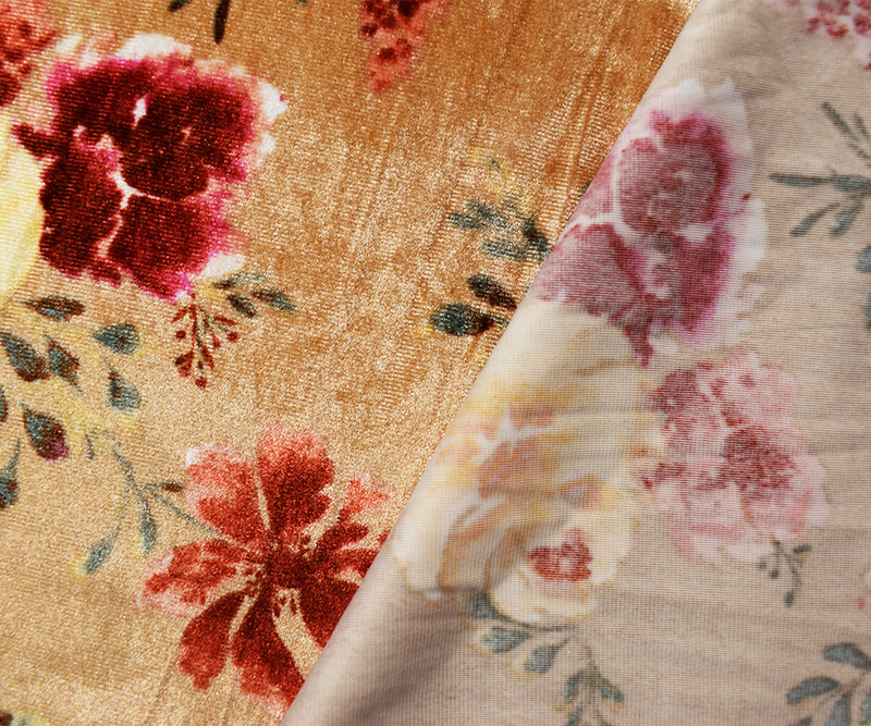 Beige-Red-Multi Poly Stretch Floral Printed Velvet Knit Fabric