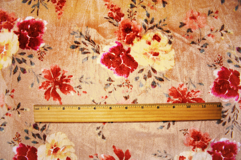 Beige-Red-Multi Poly Stretch Floral Printed Velvet Knit Fabric