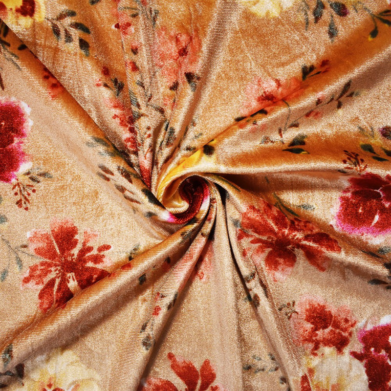 Beige-Red-Multi Poly Stretch Floral Printed Velvet Knit Fabric