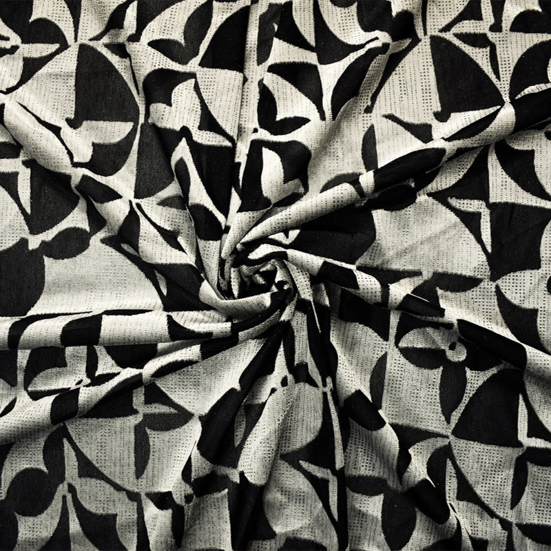 Silver-Black Rayon-Poly Abstract Burnout Velvet Mesh Knit Fabric