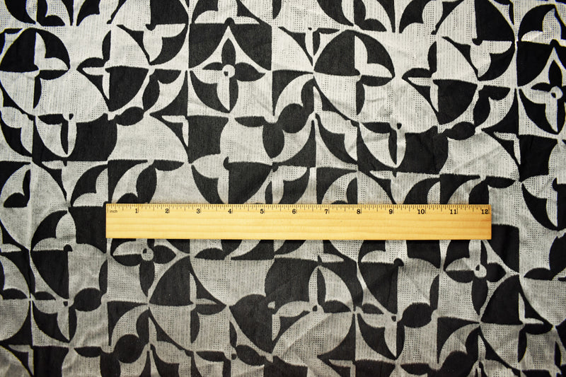 Silver-Black Rayon-Poly Abstract Burnout Velvet Mesh Knit Fabric