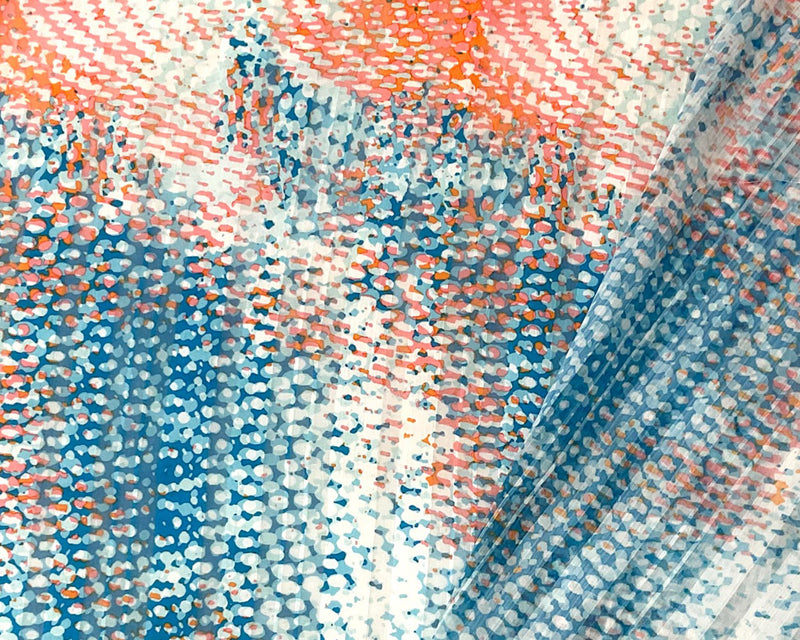 Teal-Multi Poly Abstract Print Satin Stripe Chiffon Woven Fabric