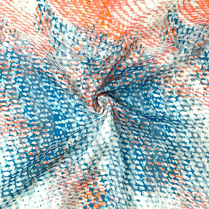 Teal-Multi Poly Abstract Print Satin Stripe Chiffon Woven Fabric