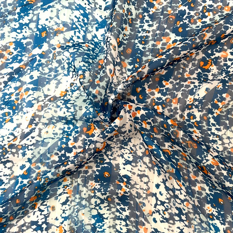 Blue-Multi Poly Floral Printed Satin Stripe Chiffon Woven Fabric