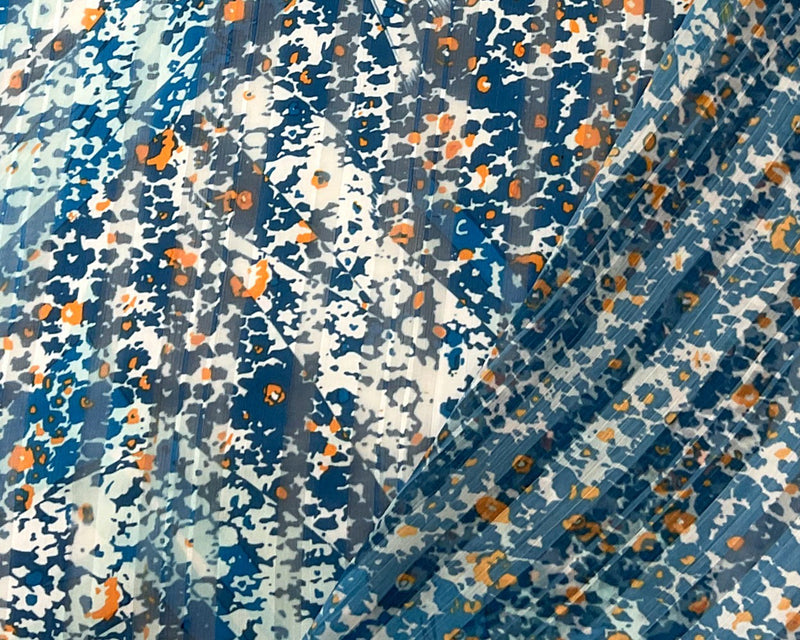 Blue-Multi Poly Floral Printed Satin Stripe Chiffon Woven Fabric