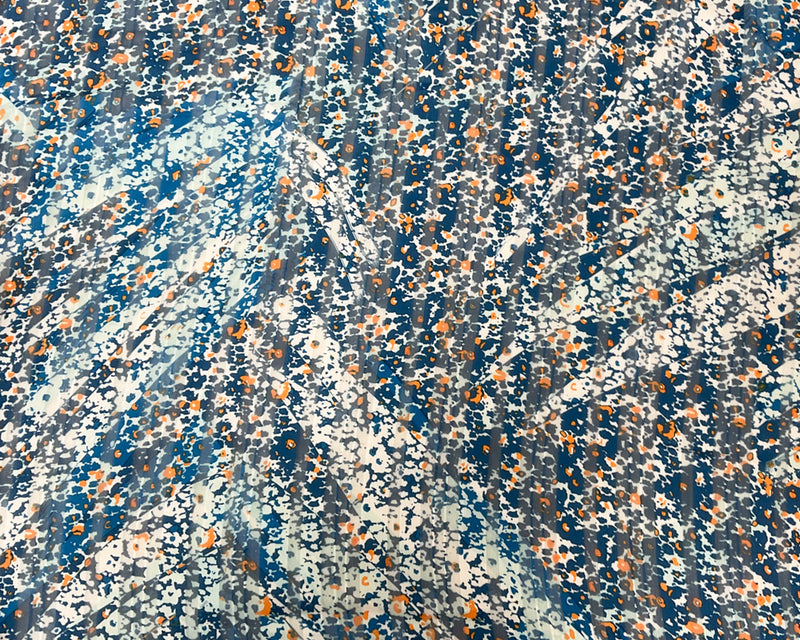 Blue-Multi Poly Floral Printed Satin Stripe Chiffon Woven Fabric