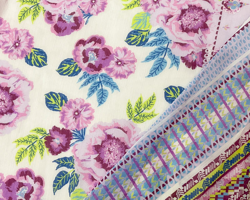 Purple-Multi Poly Floral Border Print Yoryu Chiffon Woven Fabric
