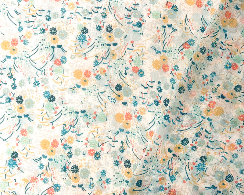 4 YD PC-Blue-Multi Poly Floral Printed Crinkle Yoryu Chiffon Woven Fabric