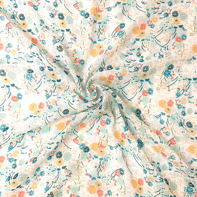 4 YD PC-Blue-Multi Poly Floral Printed Crinkle Yoryu Chiffon Woven Fabric