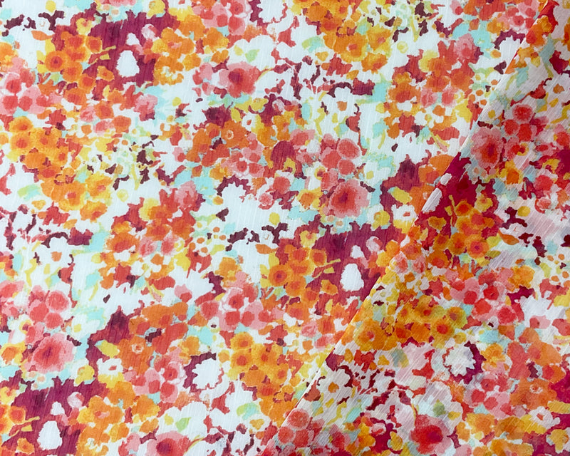 Red-Yellow Poly Floral Printed Crinkle Yoryu Chiffon Woven Fabric
