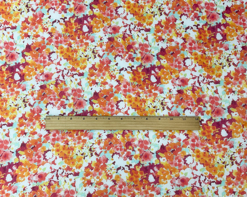 Red-Yellow Poly Floral Printed Crinkle Yoryu Chiffon Woven Fabric