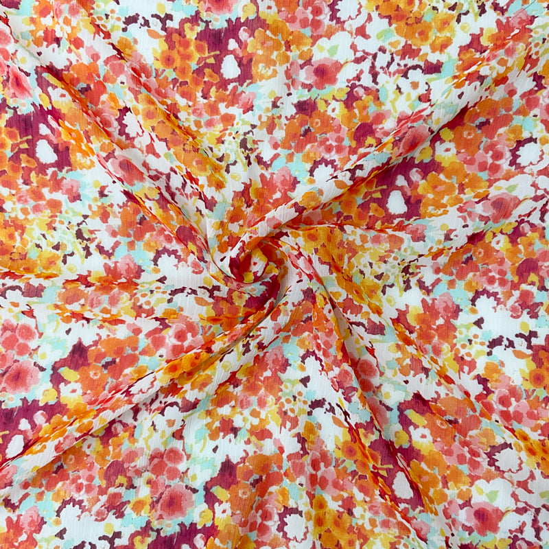 Red-Yellow Poly Floral Printed Crinkle Yoryu Chiffon Woven Fabric