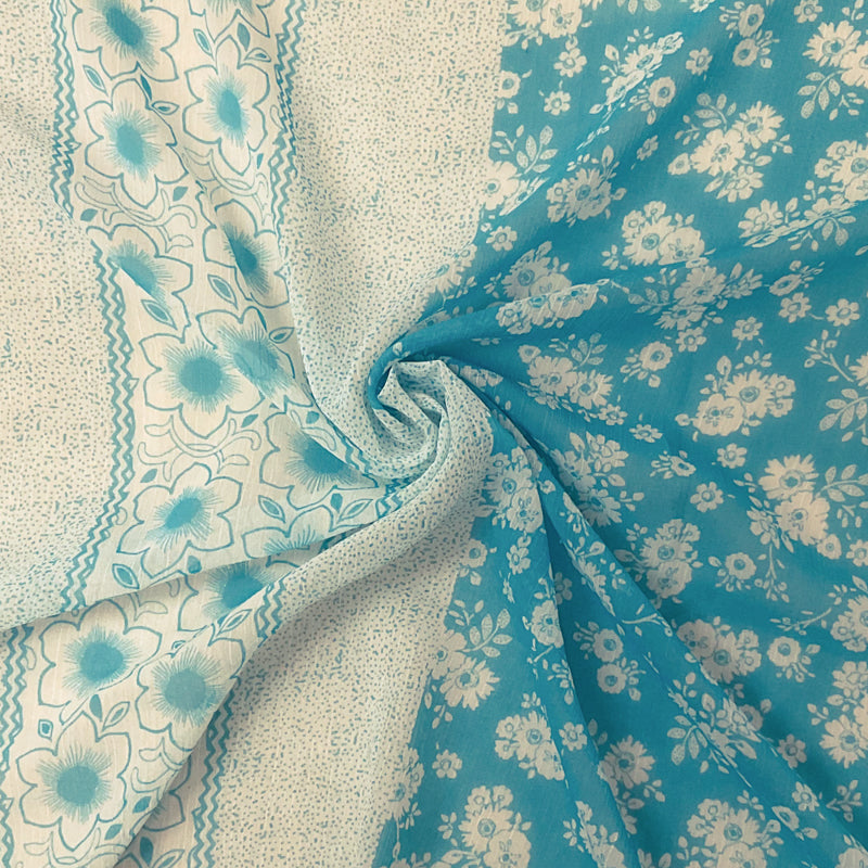 Aqua-White Poly Stripe Floral Printed Yoryu Chiffon Woven Fabric