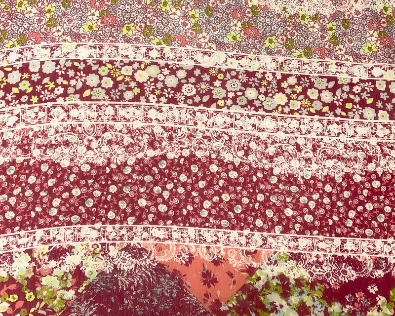 Red-Multi Poly Stripe Floral Print Yoryu Chiffon Woven Fabric