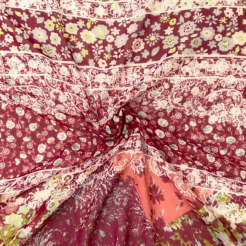 Red-Multi Poly Stripe Floral Print Yoryu Chiffon Woven Fabric