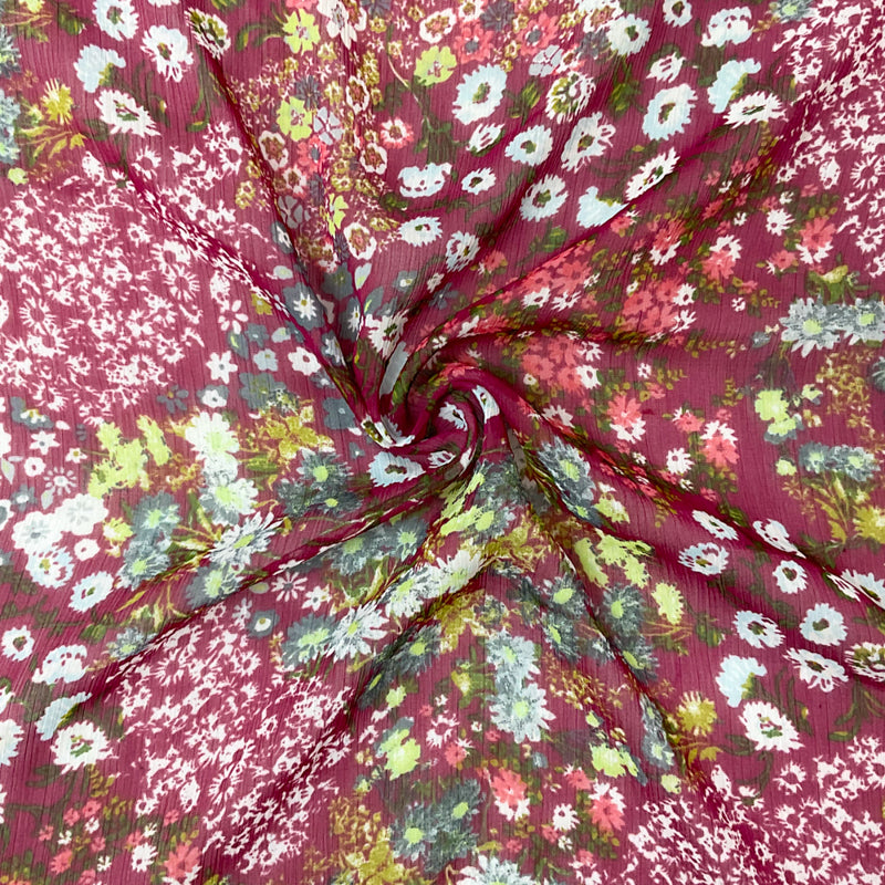 Red-Multi Poly Floral Printed Crinkle Yoryu Chiffon Woven Fabric