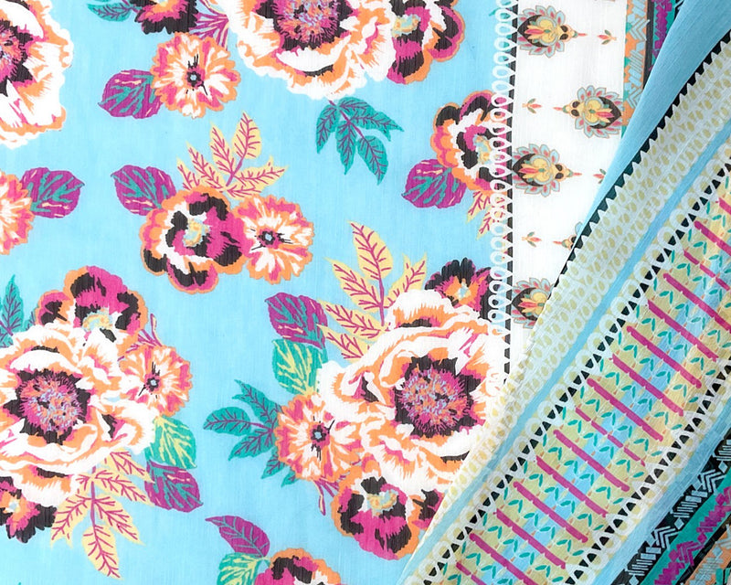 Blue-Multi Poly Floral Border Printed Yoryu Chiffon Woven Fabric
