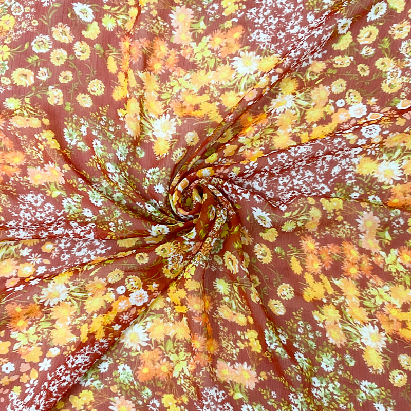 Brown-Multi Poly Floral Printed Crinkle Yoryu Chiffon Woven Fabric