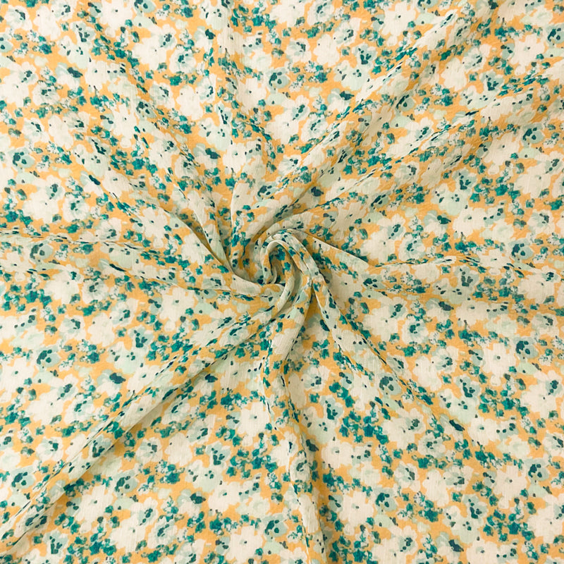 Teal-Multi Poly Floral Printed Crinkle Yoryu Chiffon Woven Fabric