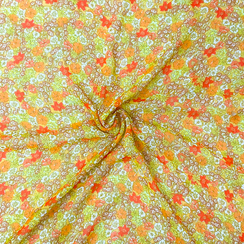 Yellow-Multi Poly Floral Print Crinkle Yoryu Chiffon Woven Fabric