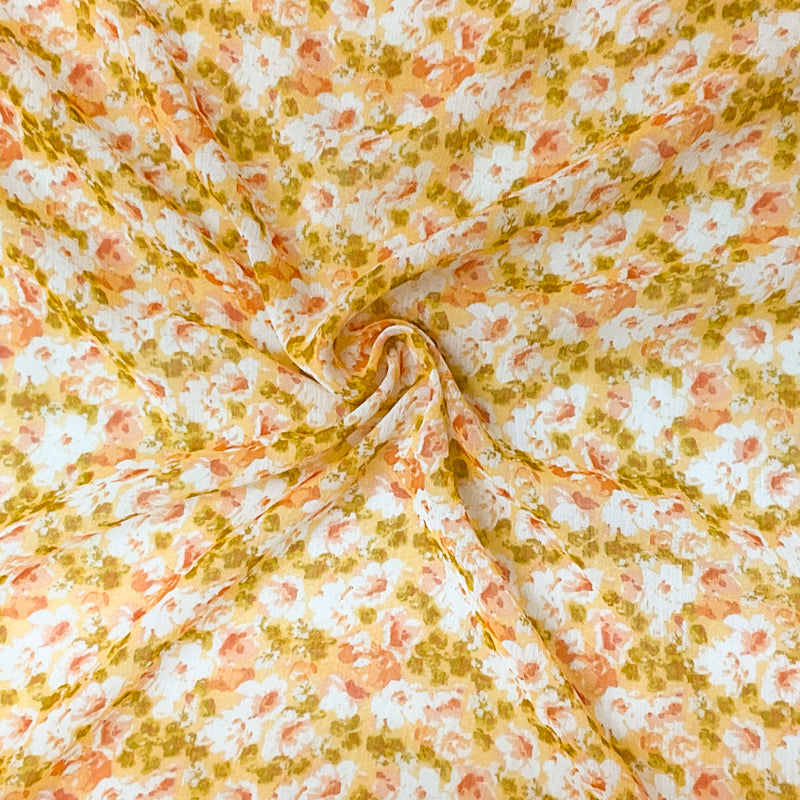 Yellow-Multi Poly Floral Print Crinkle Yoryu Chiffon Woven Fabric