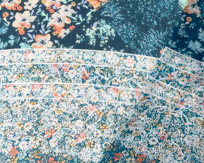 Blue-Multi Poly Stripe Floral Print Yoryu Chiffon Woven Fabric