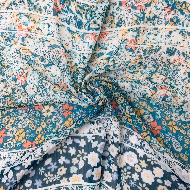 Blue-Multi Poly Stripe Floral Print Yoryu Chiffon Woven Fabric
