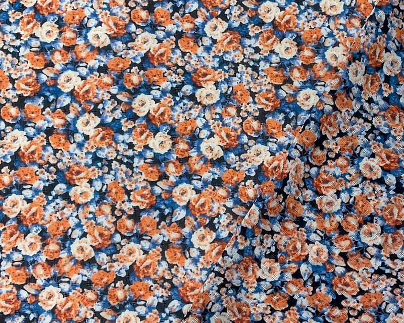 Orange-Blue-Multi Poly Floral Printed Dobby Chiffon Woven Fabric