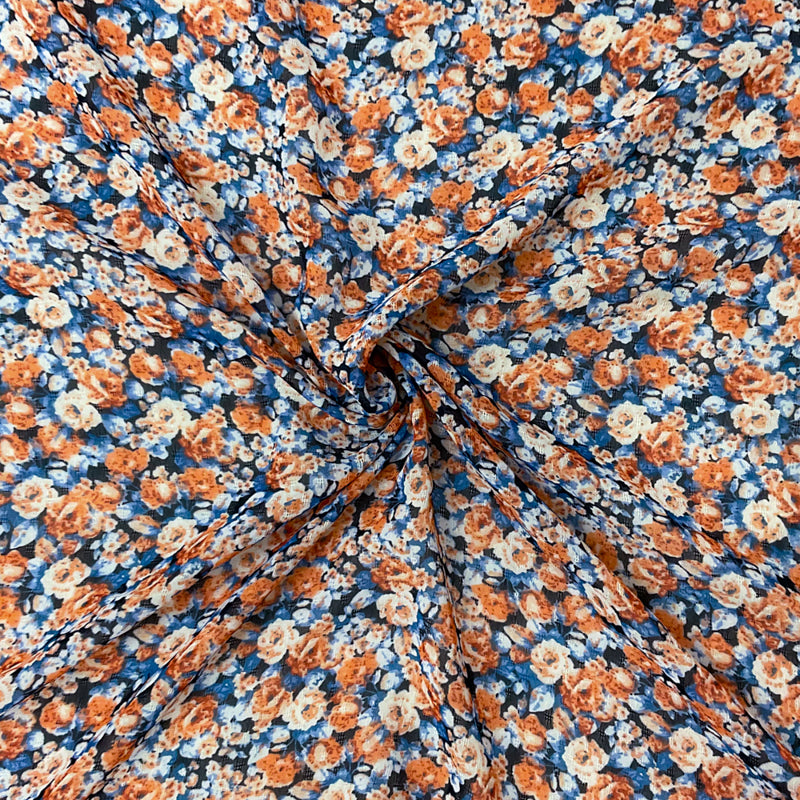 Orange-Blue-Multi Poly Floral Printed Dobby Chiffon Woven Fabric