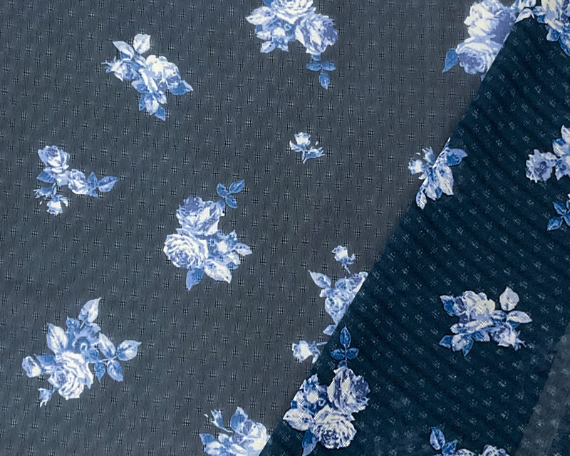 Blue-White Poly Floral Printed Dobby Chiffon Woven Fabric