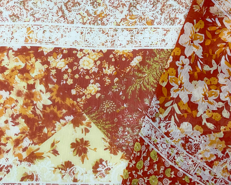 Red-Multi Poly Floral Printed Crinkle Yoryu Chiffon Woven Fabric