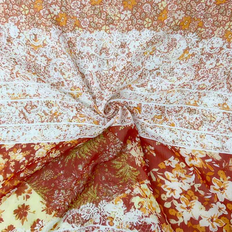Red-Multi Poly Floral Printed Crinkle Yoryu Chiffon Woven Fabric