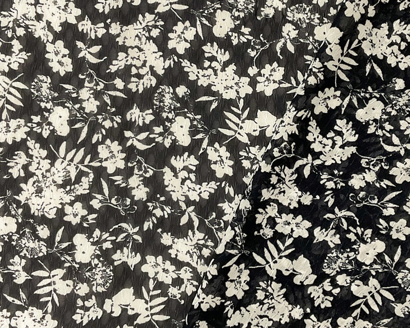 Black-Ivory Poly Floral Printed Ogee Shape Dobby Chiffon Woven Fabric
