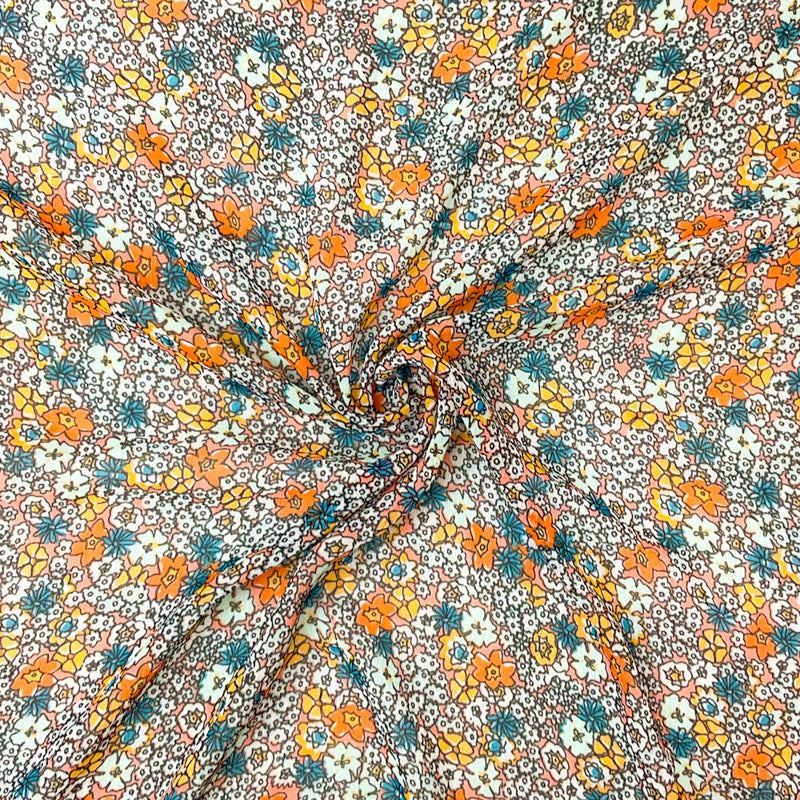 Orange-Multi Poly Floral Print Crinkle Yoryu Chiffon Woven Fabric