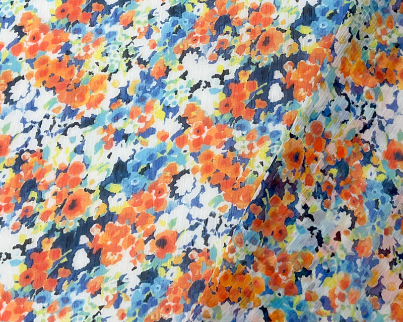Orange-Multi Poly Floral Print Crinkle Yoryu Chiffon Woven Fabric
