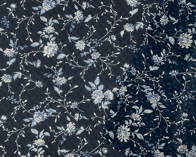 2 3/4 YD PC-Blue-White Poly Floral Printed Dobby Chiffon Woven Fabric