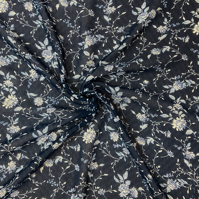 2 3/4 YD PC-Blue-White Poly Floral Printed Dobby Chiffon Woven Fabric