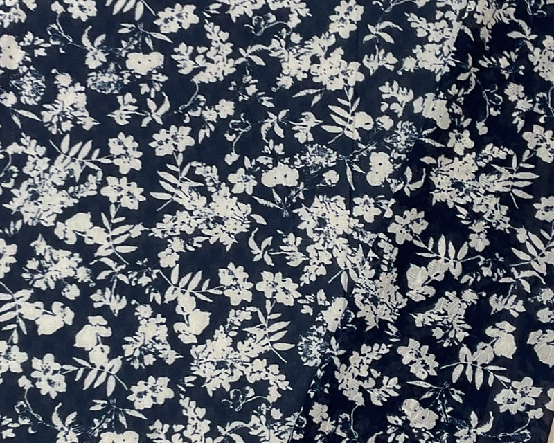 Blue-White Poly Floral Printed Ogee Shape Dobby Chiffon Woven Fabric