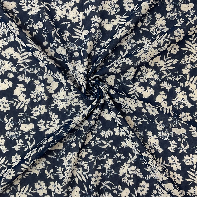 Blue-White Poly Floral Printed Ogee Shape Dobby Chiffon Woven Fabric