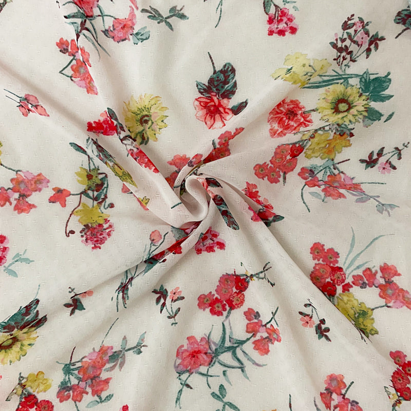 Gray-Red-Multi Poly Floral Printed Dobby Chiffon Woven Fabric