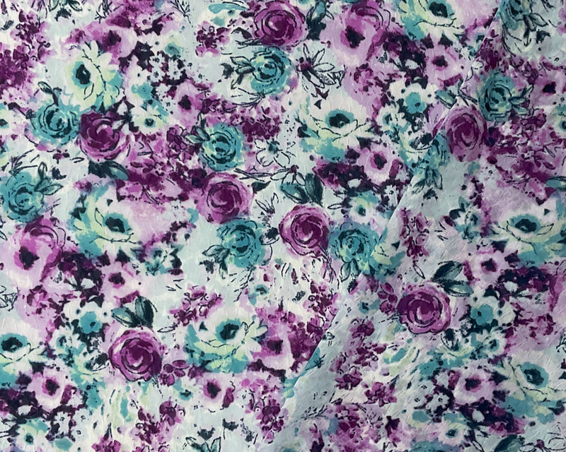 Purple-Teal-Multi Poly Floral Print Ogee Dobby Chiffon Woven Fabric