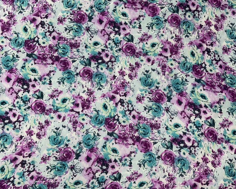 Purple-Teal-Multi Poly Floral Print Ogee Dobby Chiffon Woven Fabric