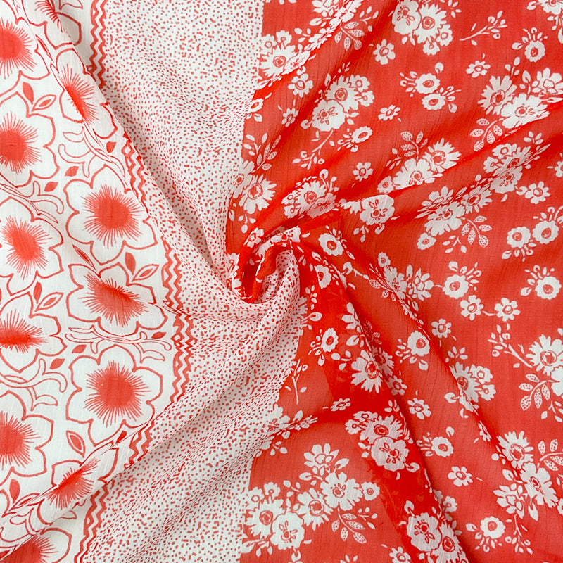 Red Orange Poly Floral Printed Crinkle Yoryu Chiffon Woven Fabric