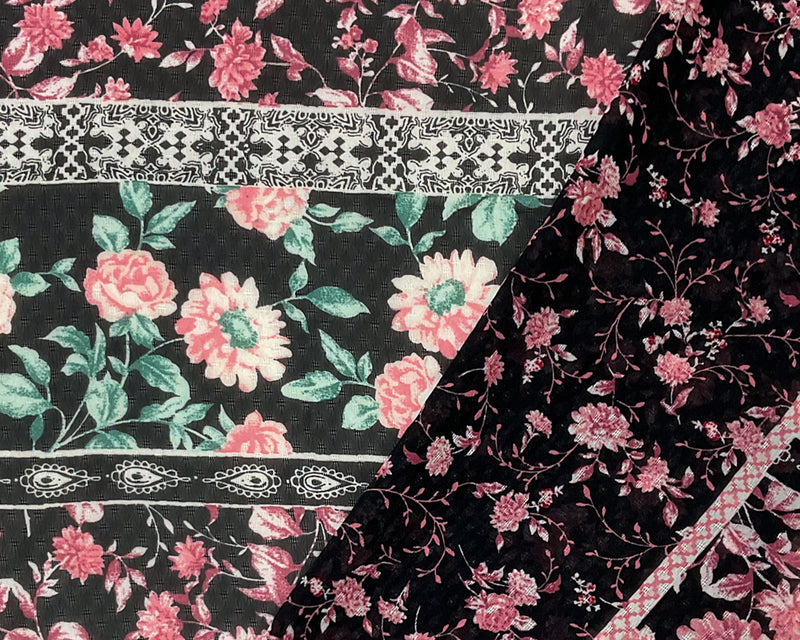 Black-Multi Poly Floral Border Printed Dobby Chiffon Woven Fabric