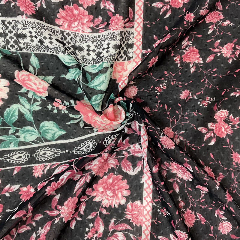Black-Multi Poly Floral Border Printed Dobby Chiffon Woven Fabric