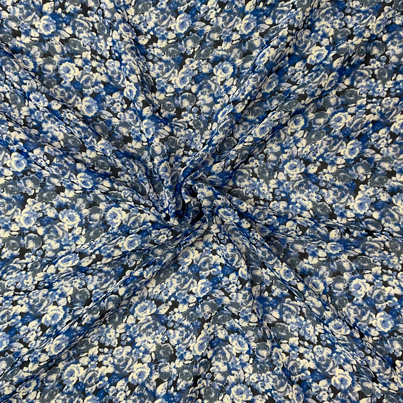 Blue-Black-Multi Poly Floral Printed Dobby Chiffon Woven Fabric