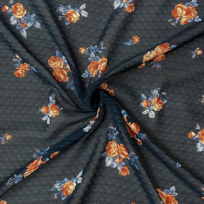 Blue-Red-Multi Poly Floral Printed Dobby Chiffon Woven Fabric