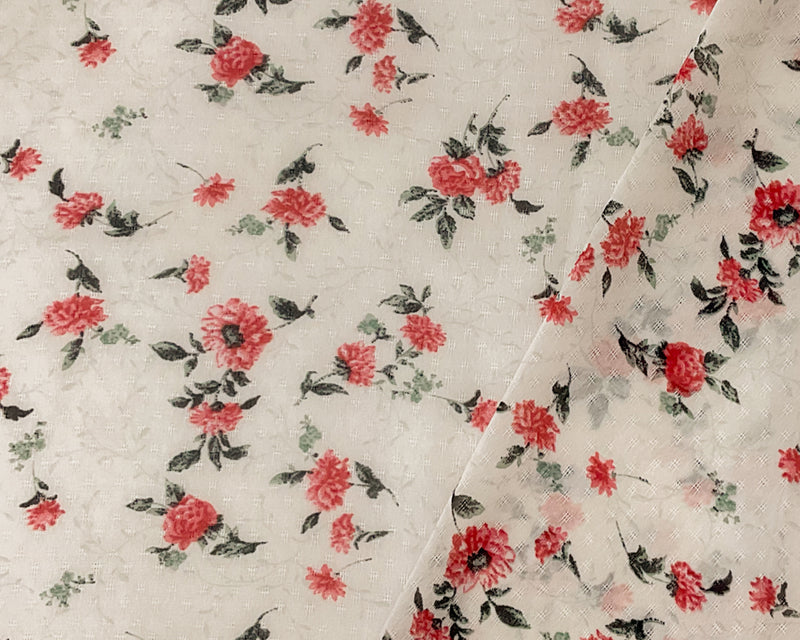 Ivory-Green-Multi Poly Floral Printed Dobby Chiffon Woven Fabric