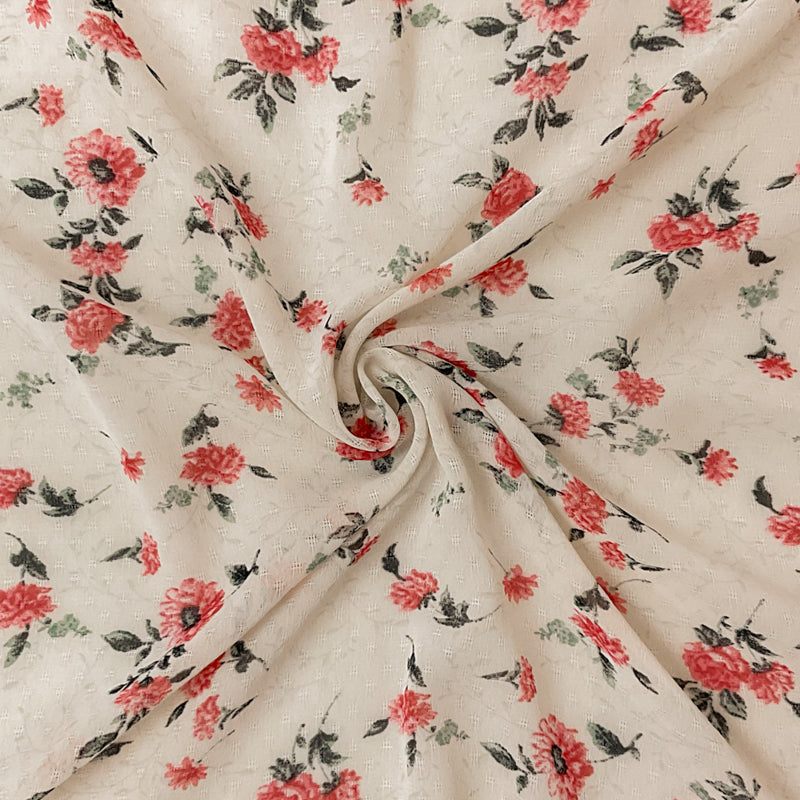 Ivory-Green-Multi Poly Floral Printed Dobby Chiffon Woven Fabric