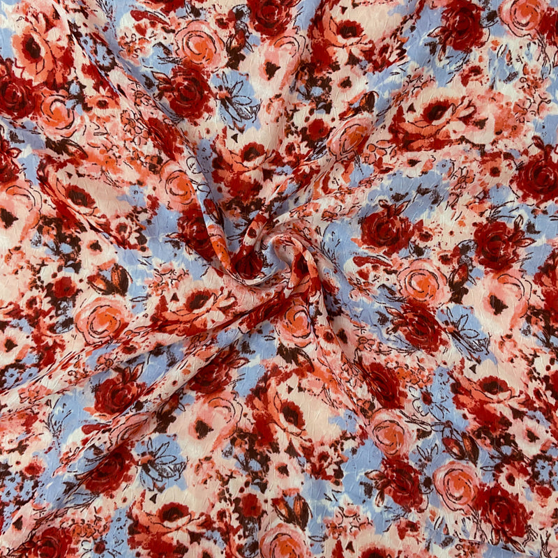 Red-Multi Poly Floral Printed Ogee Dobby Chiffon Woven Fabric